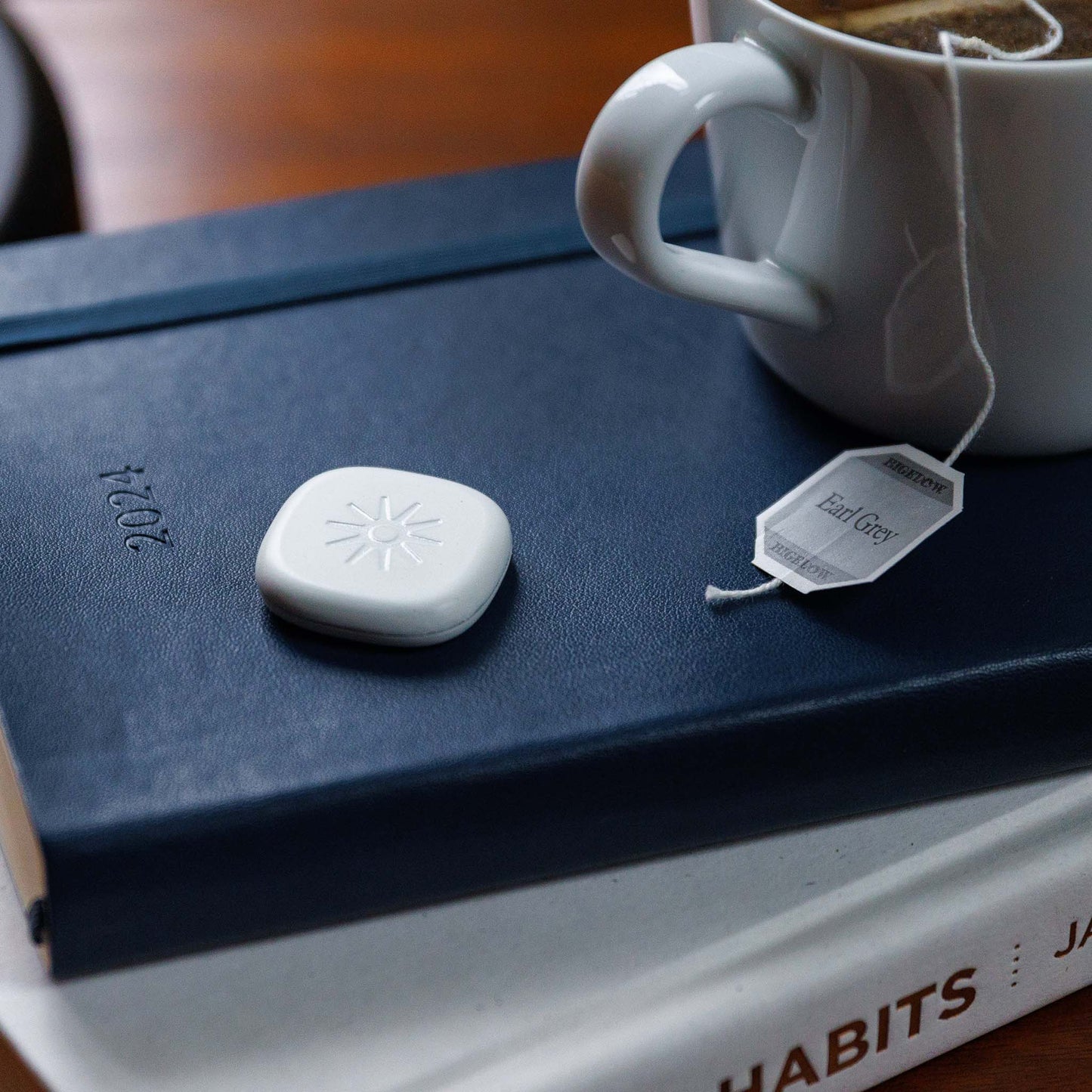 Lasso Alarm Clock device sitting next to some books